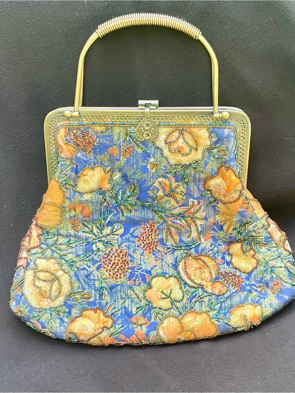 Vintage Floral Beaded Evening Bag - Blue and Gold
